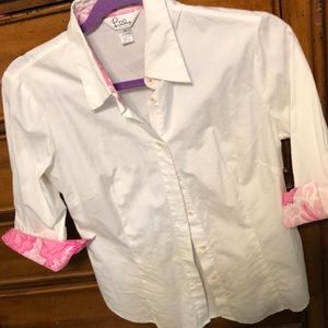 Lilly Pulitzer White Button Down Shirt with Pink Accents